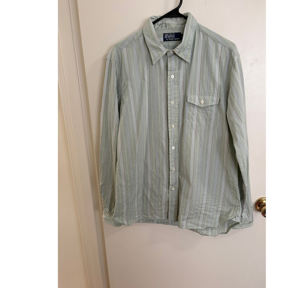 Polo Ralph Lauren Bleecker Mens L Green Striped Cotton Button Down Shirt
